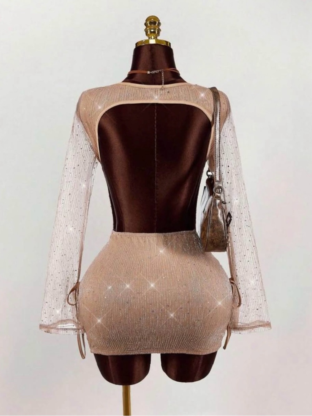 SHEIN Nude Sparkle Cowl Neck Mini Dress with Sheer Sleeves - Picture 2 of 2
